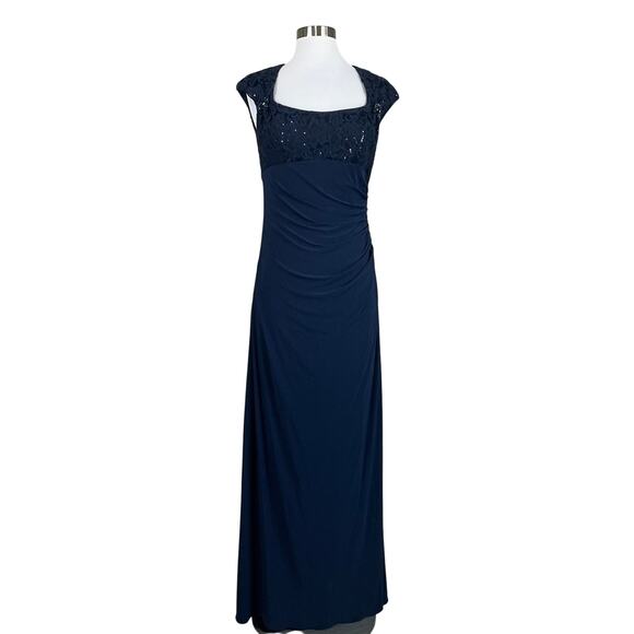 Betsy & Adam Sequined Lace Embellished Long Column Evening Gown Navy Blue Size 8 - Picture 1 of 13
